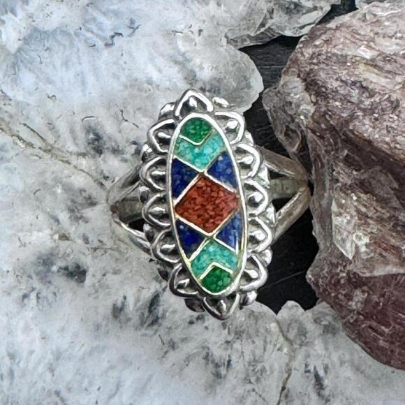 Carolyn Pollack Sterling Elongated Oval Multistone Chip Inlay Ring For Women - Picture 4 of 10